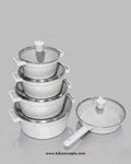 White non-stick cookware set, 10 piece aluminum pot set, PFOA free white pans, eco-friendly casserole set, designer kitchen cookware, large white non-stick pans, healthy cooking set with lids
