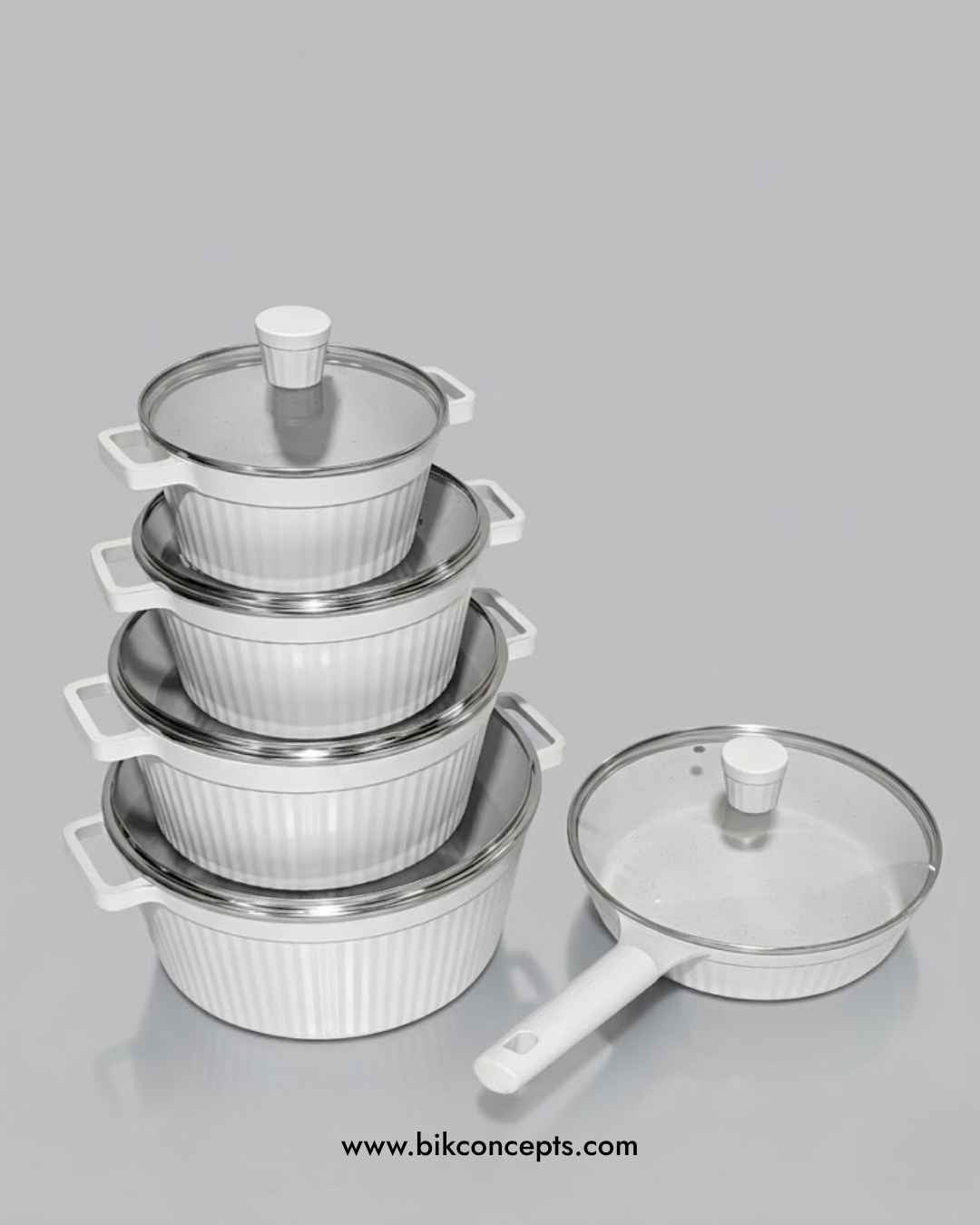 White non-stick cookware set, 10 piece aluminum pot set, PFOA free white pans, eco-friendly casserole set, designer kitchen cookware, large white non-stick pans, healthy cooking set with lids