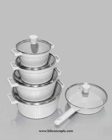 White non-stick cookware set, 10 piece aluminum pot set, PFOA free white pans, eco-friendly casserole set, designer kitchen cookware, large white non-stick pans, healthy cooking set with lids