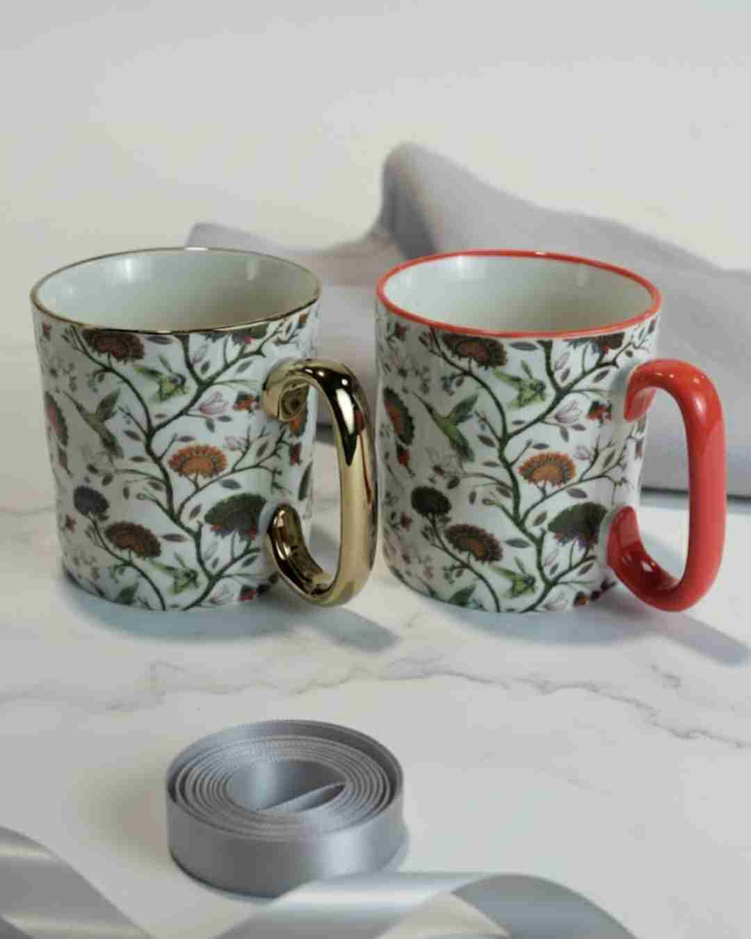 Exotic Porcelain Mug Set (450ml) - Hummingbird & Vine Print with Gold & Red Handles, set of 2