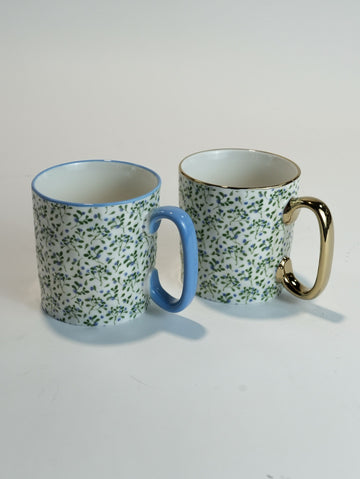 Green Foliage Porcelain Mug Set (450ml) with Gold & Sky Blue Handles