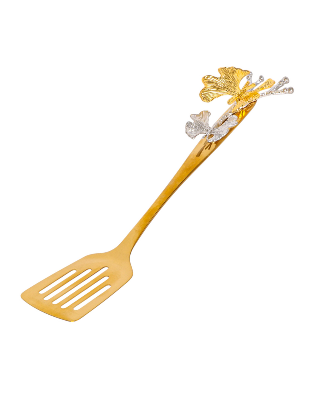 Luxury gold and silver butterfly spatula displayed with matching cutlery set
