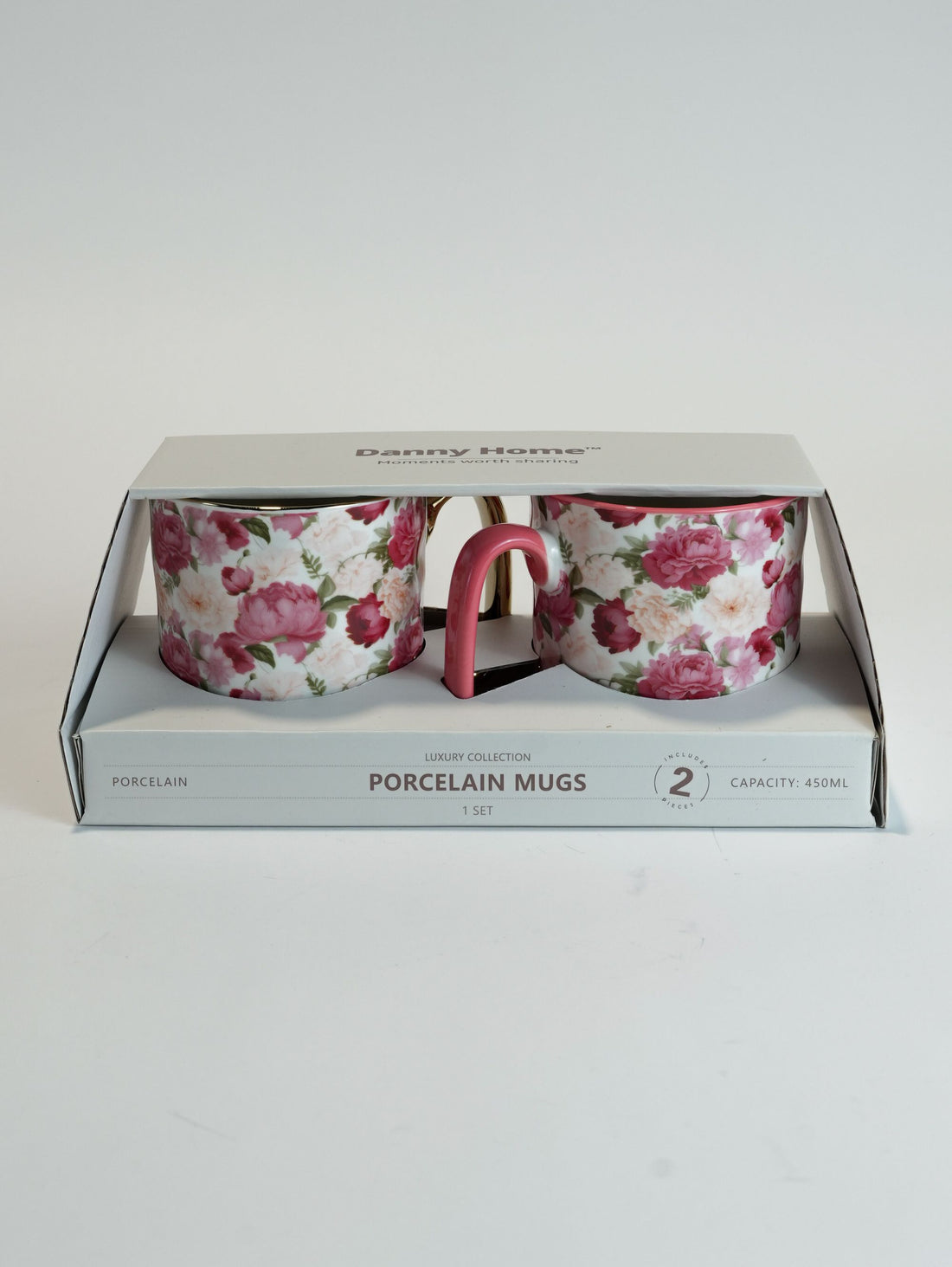 Pink Rose Porcelain Mug Set (450ml) - Floral Print with Gold & Fuchsia Handles