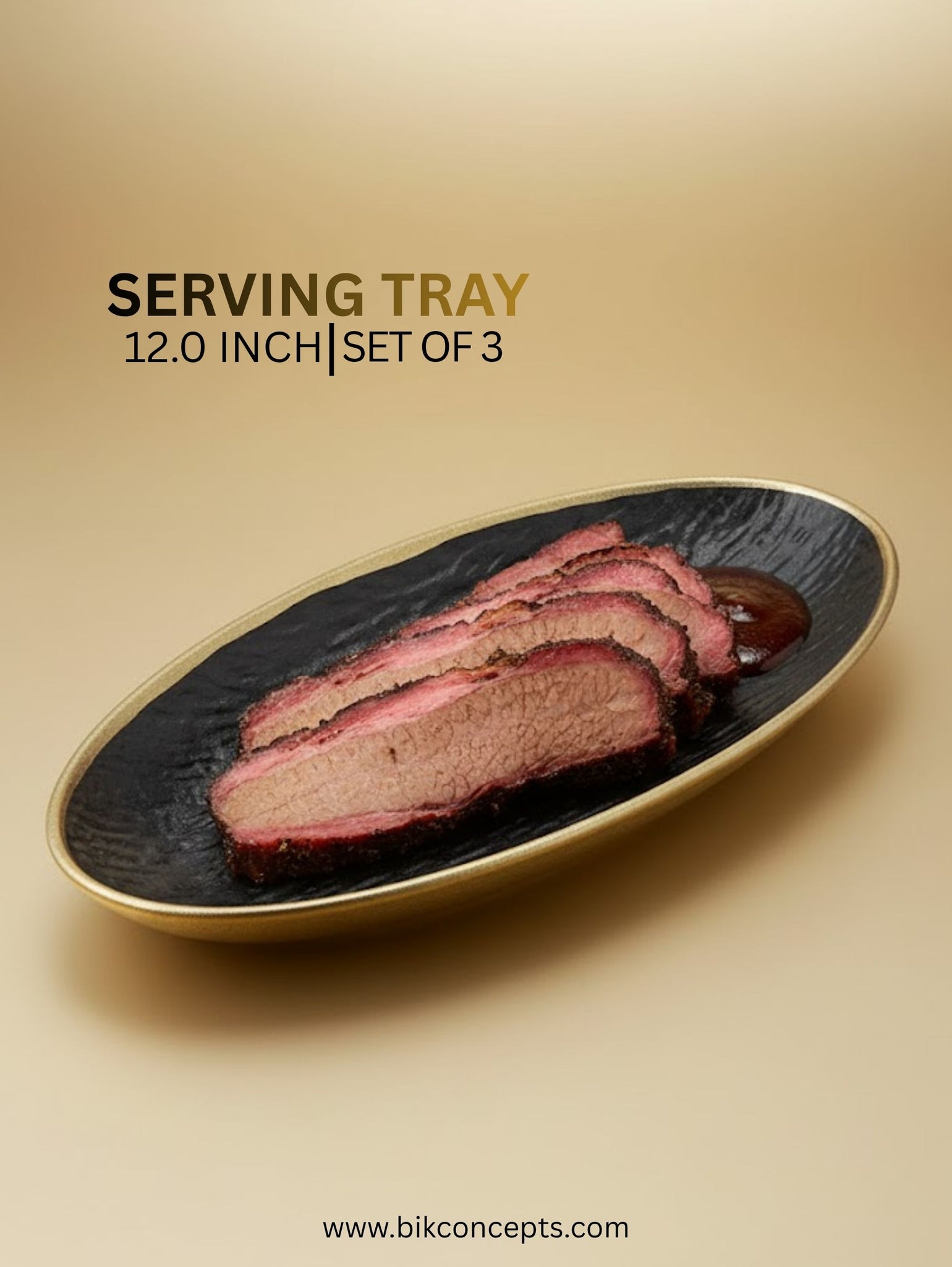 Set of 3 | Luxe Matte Gold 12 inch Oval Serving Trays –  Round Edges