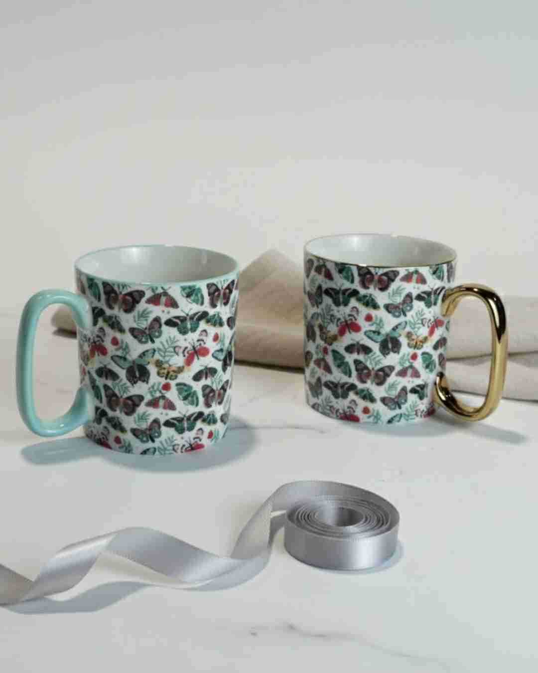 Elegant Porcelain Mug Set (450ml) - Butterfly & Moth Print with Gold & Light Blue Handles, set of 2