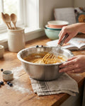 A person's hands whisking batter in a large stainless steel mixing bowl on a rustic wooden table, with kitchen utensils and bowls, 8 Quart Stainless Steel Mixing Bowl, 12.5 Inch Commercial Prep Bowl, Large Stainless Steel Baking Bowl, Heavy Duty Metal Mixing Bowl 8 Qt, Deep Stainless Steel Salad Tossing Bowl, Hotel Kitchen Food Prep Bowl, Catering Large Capacity Mixing Bowl, Nesting Stainless Steel Kitchen Bowls, Industrial Stainless Steel Dough Bowl, Flat Bottom Metal Mixing Bowl 8 Qt