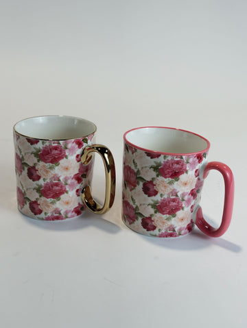 Pink Rose Porcelain Mug Set (450ml) - Floral Print with Gold & Fuchsia Handles