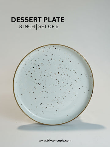 8 Inch Speckled White Salad Plates Set of 6, Artisanal Ceramic Dessert Plates with Brown Rim, White Stoneware Appetizer Plates, Microwave and Dishwasher Safe Side Plates, Commercial Grade White Ceramic Dish Set, BIK Concepts Small Dinnerware Set