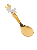 Side view of gold and silver butterfly accent serving spoon, 12 inch long