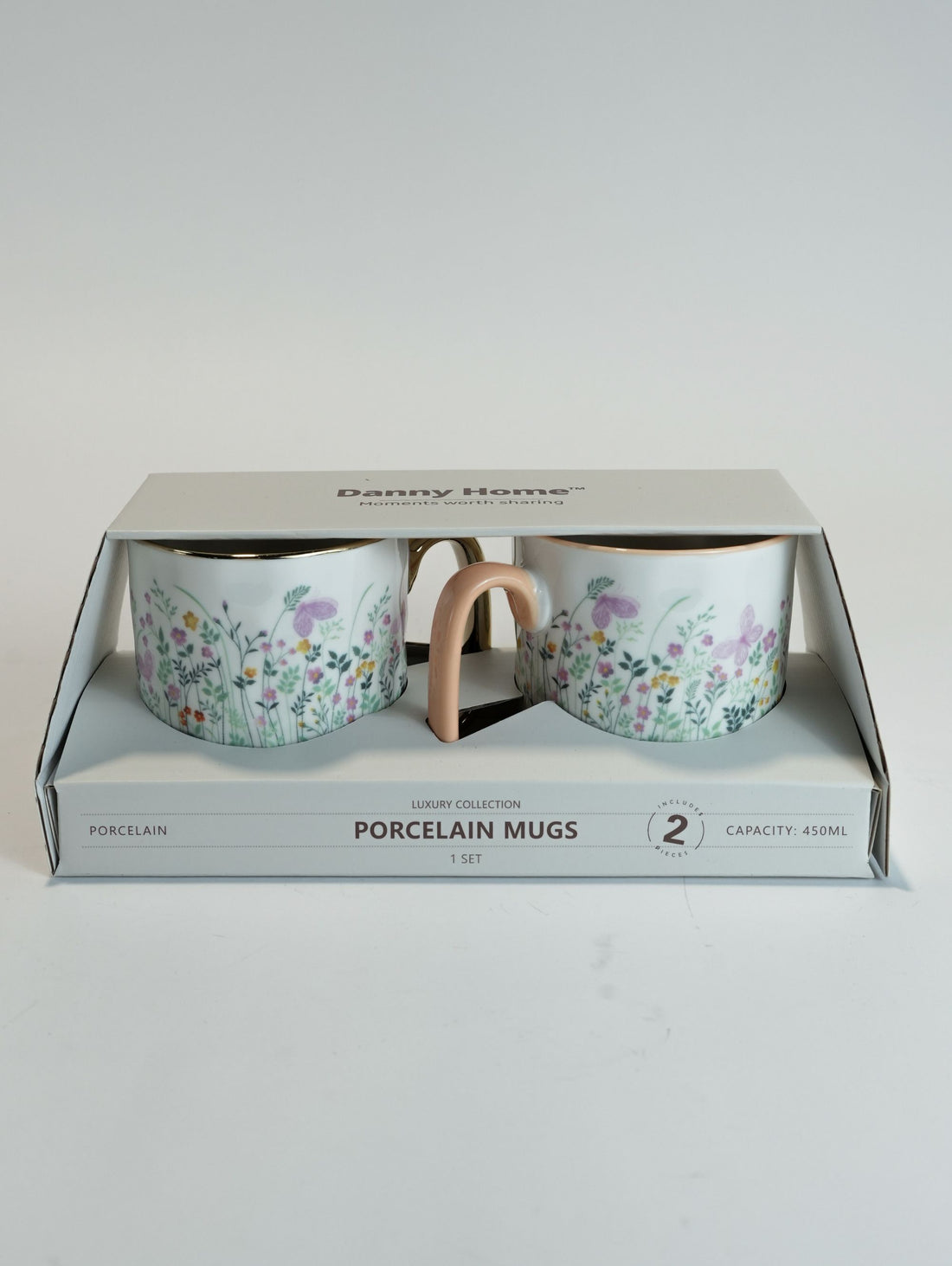 Wildflower Meadow Porcelain Mug Set (450ml) with Gold & Peach Handles