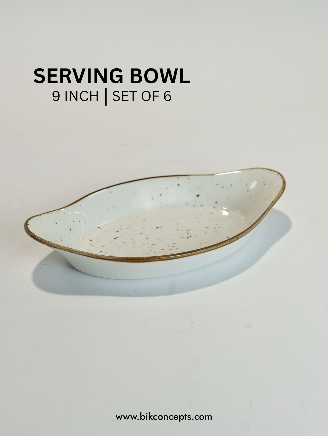 9 Inch Boat Shaped Speckled Serving Bowl Set of 6, Oval Ceramic Salad and Side Dish Bowls, Speckled White Stoneware Serving Dishes with Brown Rim, Dishwasher and Microwave Safe Deep Bowls, Commercial Grade Buffet Catering Bowls, BIK Concepts Medium Appetizer Display Bowls