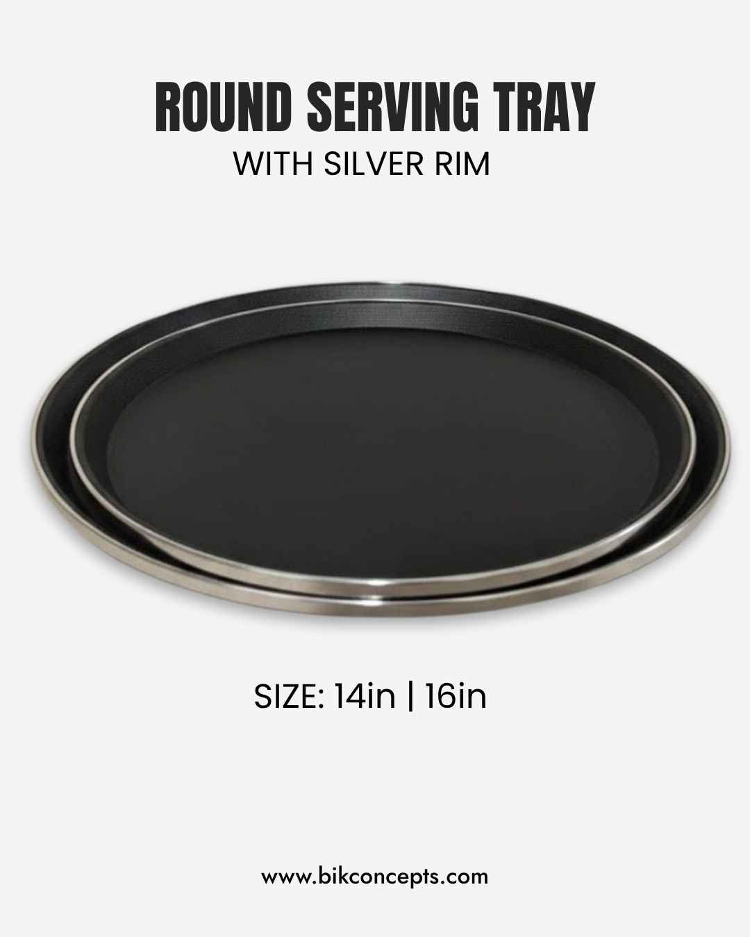 Black serving tray with silver rim, round non-slip bar tray, professional waiter tray set, non-skid restaurant trays, luxury beverage server, 6 pack non-slip trays, decorative round server, Buy luxury serving trays, professional barware wholesale, best non-slip trays for weddings, high-end restaurant supplies, heavy-duty silver rim trays