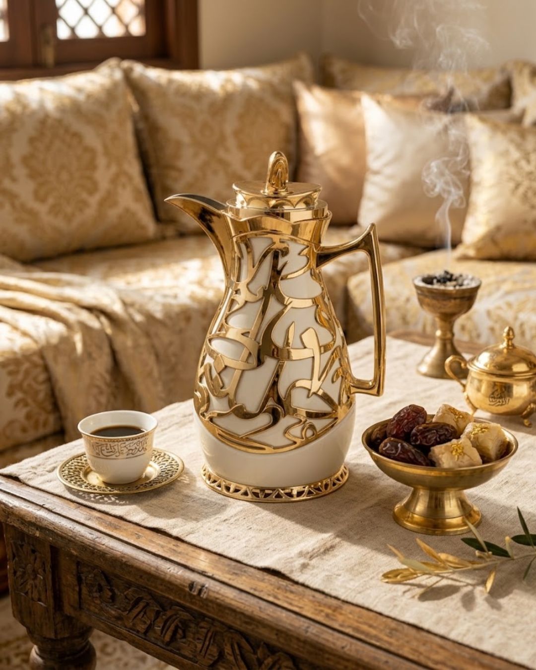 Arabic Calligraphy Coffee Thermos Set, Beige and Gold Thermal Carafe Set of 2, 1 Liter Vacuum Flask with Pink Glass Refill, Luxury Catering Beverage Dispenser, Decorative Dallah Tea and Coffee Server, Arabic Style Hot Water Thermos, Wedding Buffet Coffee Carafe, High End Party Tea Thermos Set, Insulated Pink Glass Vacuum Pitcher USA, Ramadan and Eid Coffee Server Set