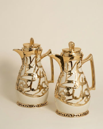 Arabic Calligraphy Coffee Thermos Set, Beige and Gold Thermal Carafe Set of 2, 1 Liter Vacuum Flask with Pink Glass Refill, Luxury Catering Beverage Dispenser, Decorative Dallah Tea and Coffee Server, Arabic Style Hot Water Thermos, Wedding Buffet Coffee Carafe, High End Party Tea Thermos Set, Insulated Pink Glass Vacuum Pitcher USA, Ramadan and Eid Coffee Server Set