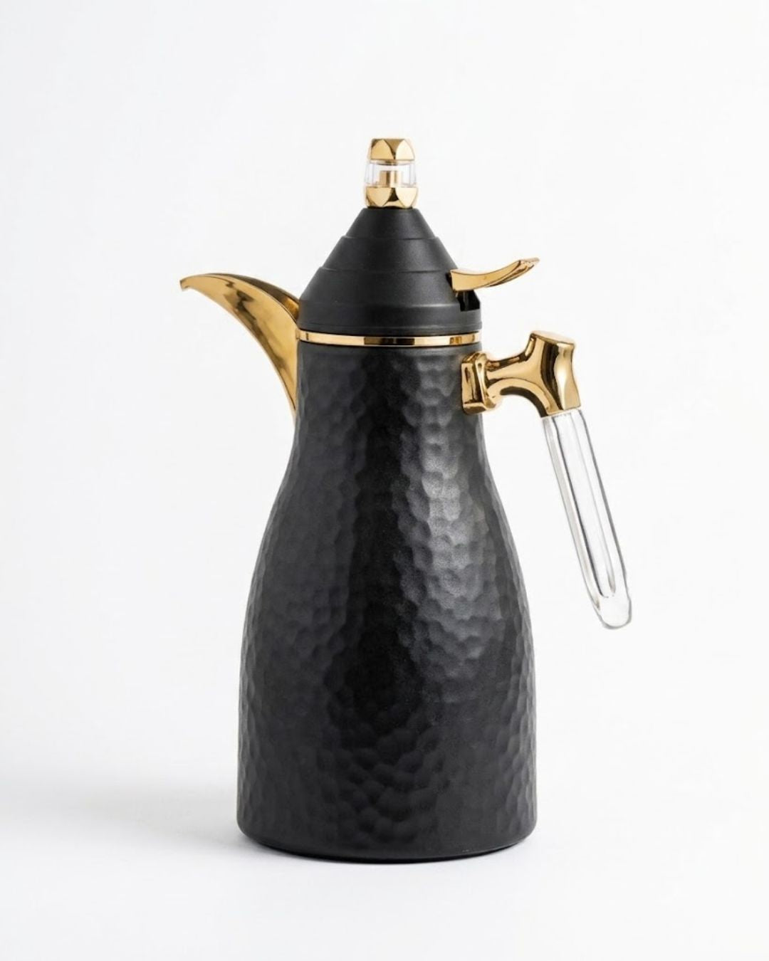 A black hammered metal coffee pot with gold-tone metal accents and a clear glass handle,
Black Hammered Steel Coffee Thermos, 1 Liter Thermal Coffee Carafe, Black and Gold Vacuum Flask, Luxury Catering Coffee Dispenser, Decorative Black Tea Carafe, Dallah Style Coffee Server, Insulated Beverage Carafe for Weddings, Thermal Flask for Catering Events, High End Hot Water Thermos USA, Matte Black Vacuum Insulated Pitcher