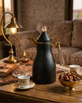Black Hammered Steel Coffee Thermos, 1 Liter Thermal Coffee Carafe, Black and Gold Vacuum Flask, Luxury Catering Coffee Dispenser, Decorative Black Tea Carafe, Dallah Style Coffee Server, Insulated Beverage Carafe for Weddings, Thermal Flask for Catering Events, High End Hot Water Thermos USA, Matte Black Vacuum Insulated Pitcher