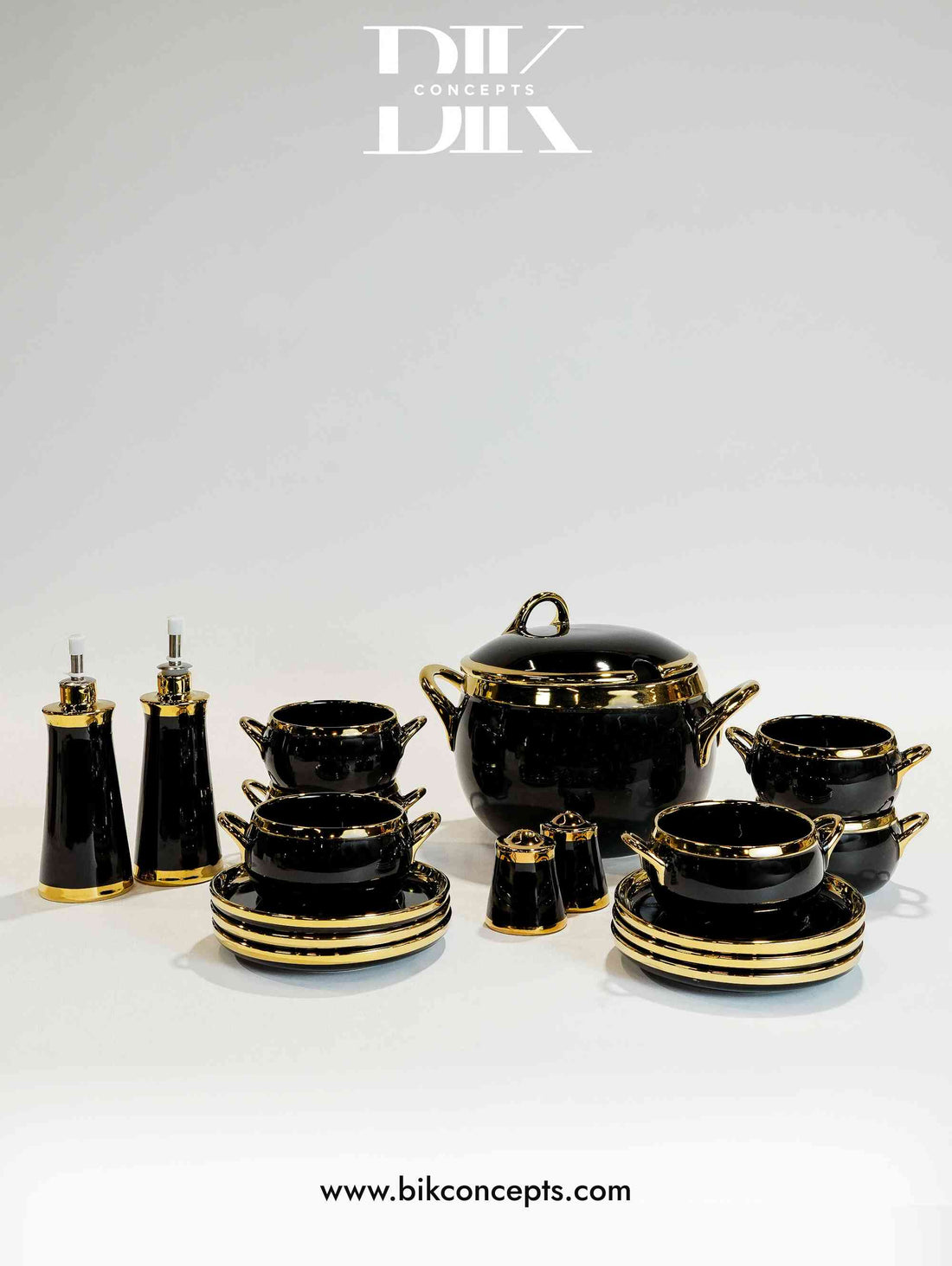Black and gold soup set, modern ceramic dinnerware, matte black tureen, luxury black soup bowls, 25 piece ceramic set, designer tableware, black gold kitchen gift, contemporary soup serving kit