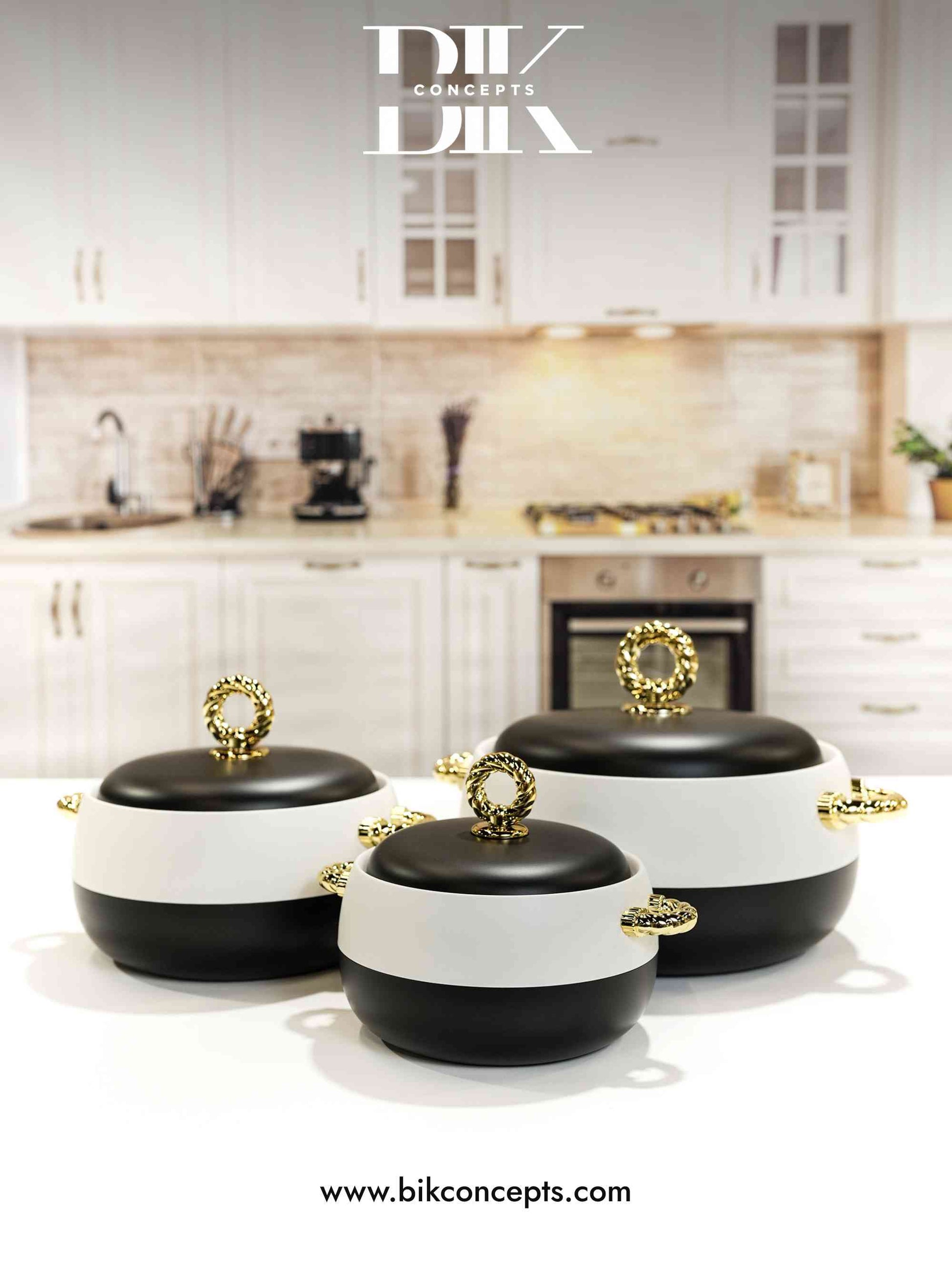 Insulated casserole set, food warmer hot pot, stainless steel food warmer, luxury serving dishes, 3 piece hot pot set, thermal food container, black and gold kitchenware, elegant dinnerware