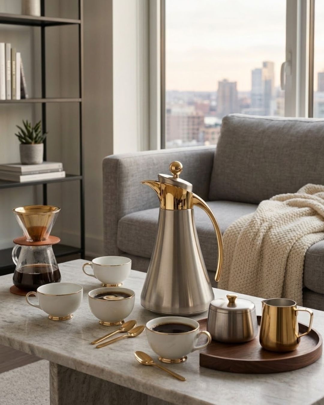 A styled coffee setup on a marble coffee table in a modern living room, featuring a stainless steel coffee pot with gold trim, white and gold cups, a gold coffee dripper, and a wooden tray with a small silver container.

Silver and Gold Coffee Thermos Set of 2, 1 Liter Stainless Thermal Coffee Carafe, Two Tone Metal Beverage Pitcher, Pink Glass Vacuum Flask Set, Luxury Catering Thermal Dispenser, Modern Gold Accent Tea Carafe, Insulated Hot Water Pitcher for Events, Luxury Silver Coffee Server Set,