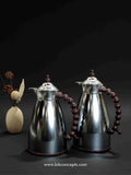 Chrome Dallah set, wood handle coffee flask, 2 piece insulated Dallah, silver Arabic tea set, 1L and 0.7L thermal flasks, luxury Gahwa pot, modern Arabic coffee server.