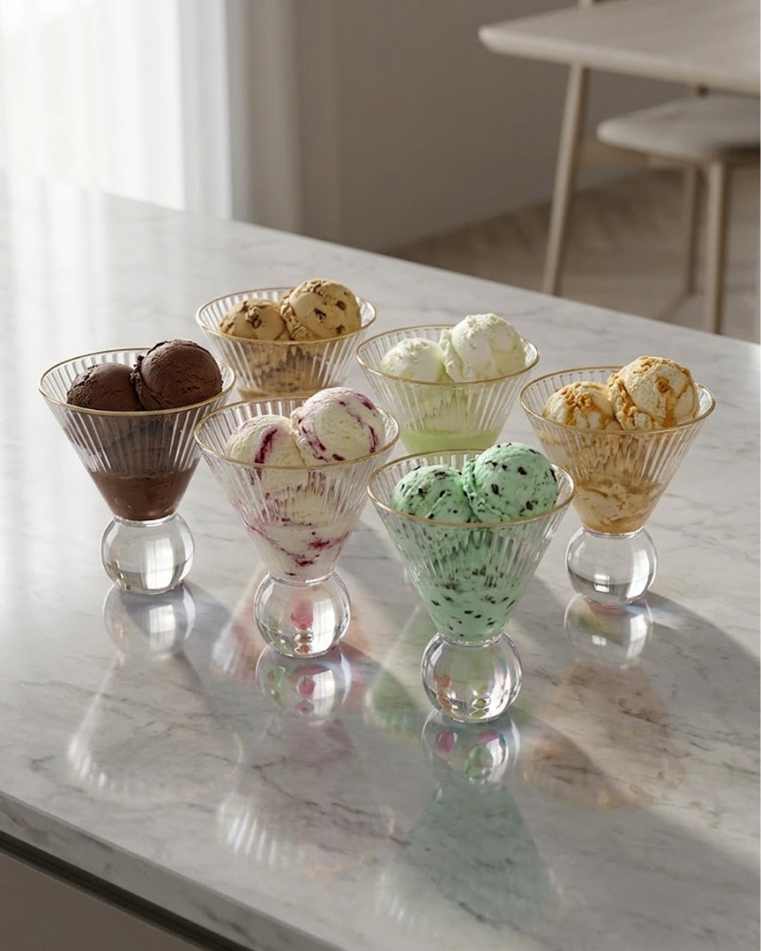 Gold Rim Glass Dessert Bowl Set, Fluted Martini Glasses 7 oz, Ribbed Glass Ice Cream Cup, Gold Rimmed Cocktail Coupe Glass, Ball Base Dessert Glass, Clear Glass Mousse Cup Set of 6, Vintage Style Fluted Barware, Commercial Catering Glassware USA, Heavy Duty Dessert Glasses for Events, Decorative Gold Rimmed Parfait Cup