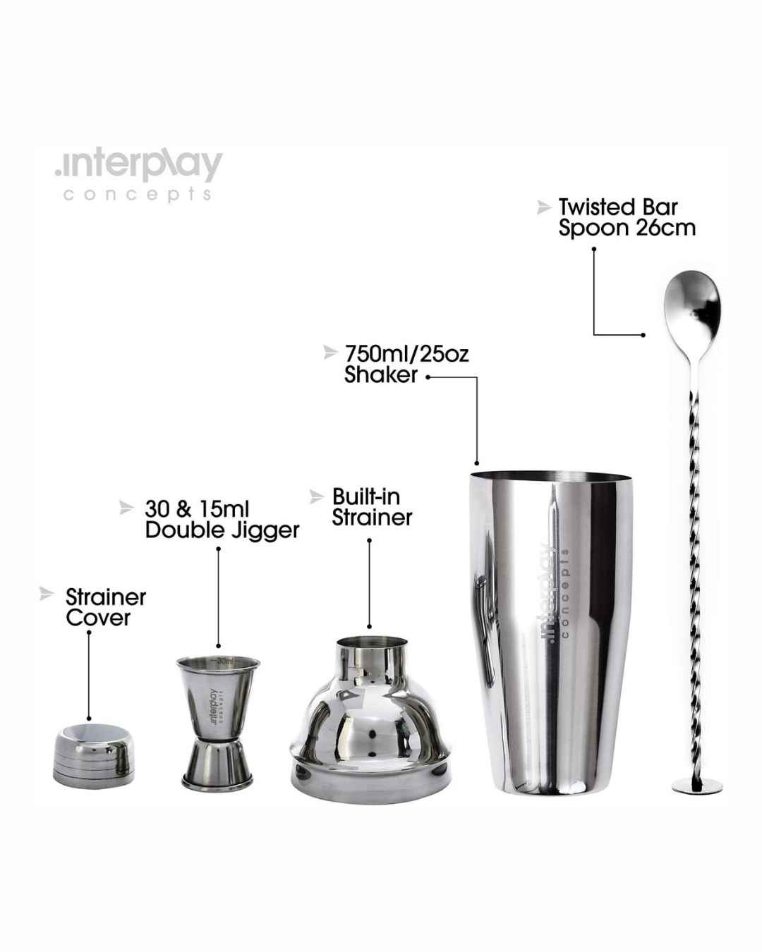 cocktail shaker set, stainless steel bar tools, bartender kit, cocktail strainer, jigger and mixing spoon, home bar accessories, 750ml shaker set, gift for cocktail lovers, martini shaker set