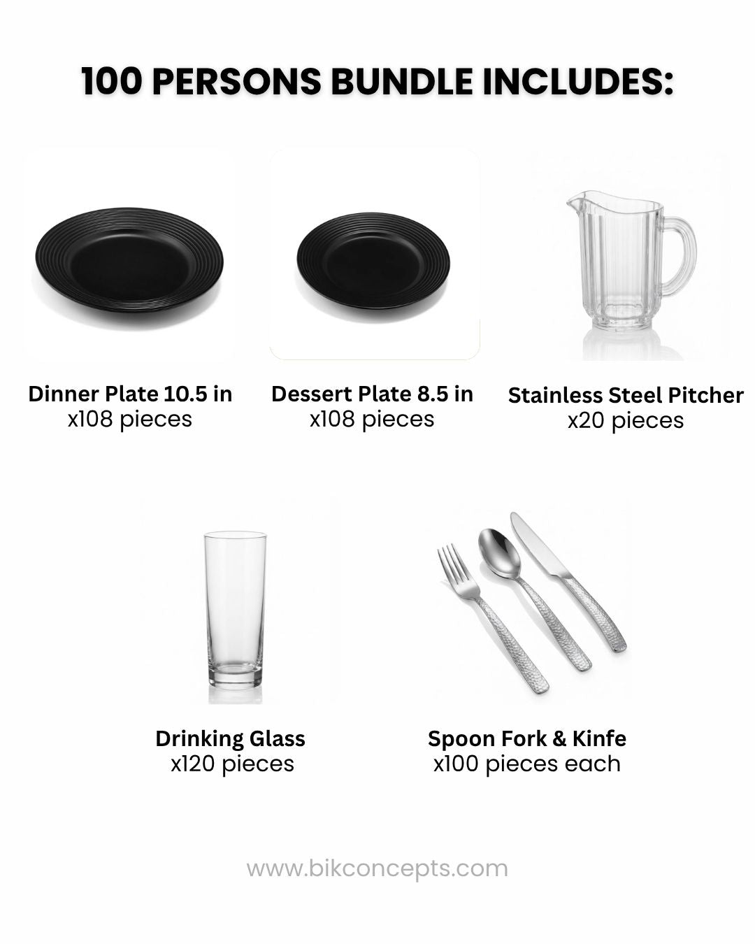 100 Person Commercial Tableware Set, Black Porcelain Dinnerware Bulk, Wholesale Banquet Tableware Package, Heavy Gauge Silver Flatware Bulk, Restaurant Tableware Bundle 100 Guests, Modern Catering Plates and Flatware, 1.5L Clear Fluted Beverage Pitcher Bulk, High End Hospitality Event Tableware
