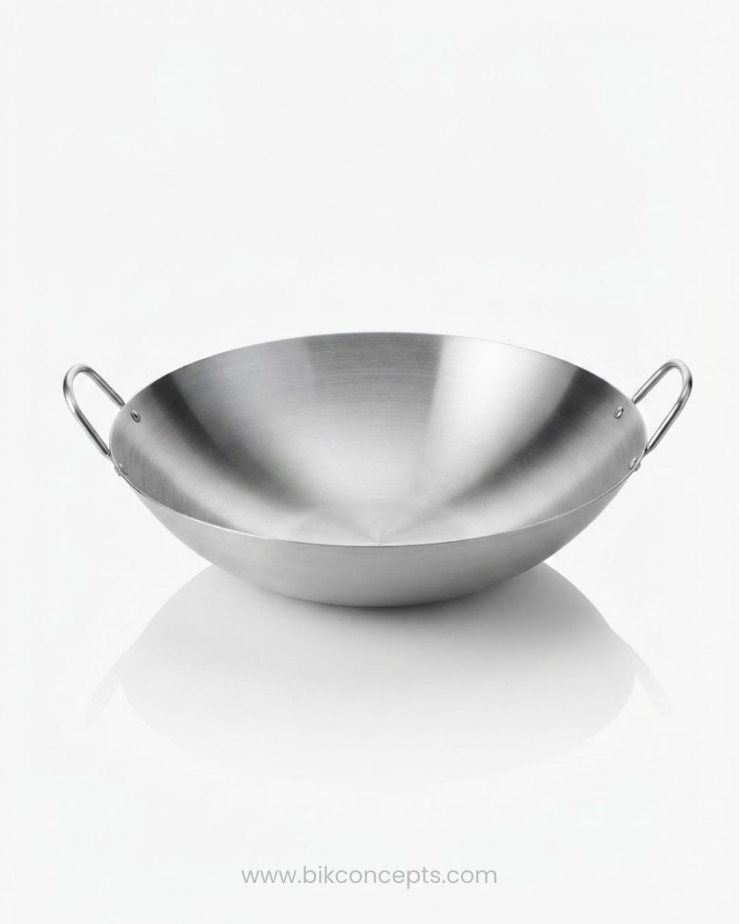 A stainless steel wok with double loop handles, Stainless Steel Cantonese Wok, Commercial Round Bottom Wok, Professional Stir Fry Wok, Heavy Duty Catering Wok, Dual Loop Handle Wok, Restaurant Grade Asian Cookware, 22 Inch Commercial Wok, Hotel Kitchen Equipment Wok, Industrial Stainless Steel Wok, Large Banquet Serving Wok