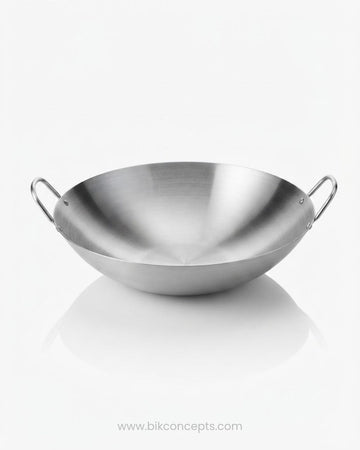 A stainless steel wok with double loop handles, Stainless Steel Cantonese Wok, Commercial Round Bottom Wok, Professional Stir Fry Wok, Heavy Duty Catering Wok, Dual Loop Handle Wok, Restaurant Grade Asian Cookware, 22 Inch Commercial Wok, Hotel Kitchen Equipment Wok, Industrial Stainless Steel Wok, Large Banquet Serving Wok
