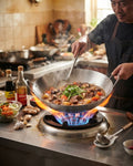 Stainless Steel Cantonese Wok, Commercial Round Bottom Wok, Professional Stir Fry Wok, Heavy Duty Catering Wok, Dual Loop Handle Wok, Restaurant Grade Asian Cookware, 22 Inch Commercial Wok, Hotel Kitchen Equipment Wok, Industrial Stainless Steel Wok, Large Banquet Serving Wok