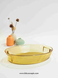 oval glass baking tray, amber borosilicate bakeware, crystal glass oven dish, large roasting pan glass, lead-free serving dish, amber oven to table.