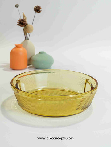 round glass baking tray, amber borosilicate bakeware, crystal glass pie dish, 10 inch glass oven bowl, lead-free glass roaster, amber glass tart pan.