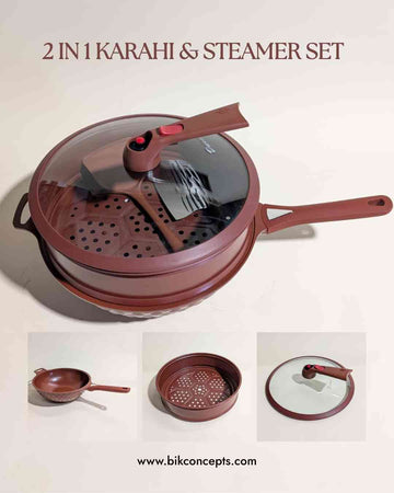 13 inch aluminum karahi, deep frying karahi pan, aluminum steamer set, large capacity stir fry pan, professional chef knife and spatula set, heavy duty aluminum cookware, 13 inch steamer basket