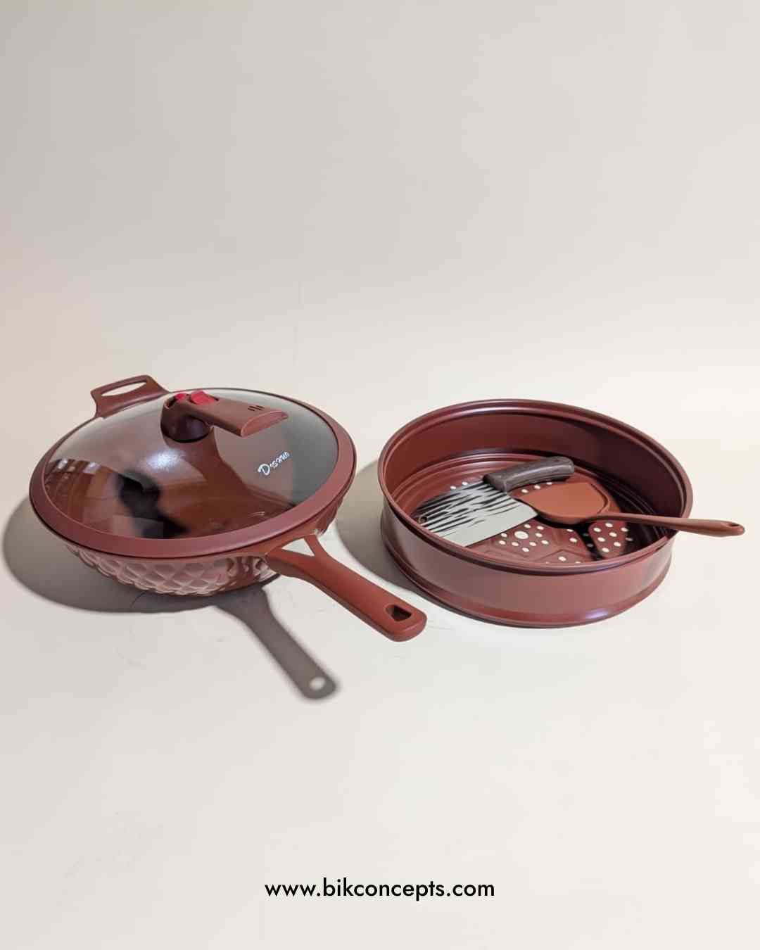 13 inch aluminum karahi, deep frying karahi pan, aluminum steamer set, large capacity stir fry pan, professional chef knife and spatula set, heavy duty aluminum cookware, 13 inch steamer basket