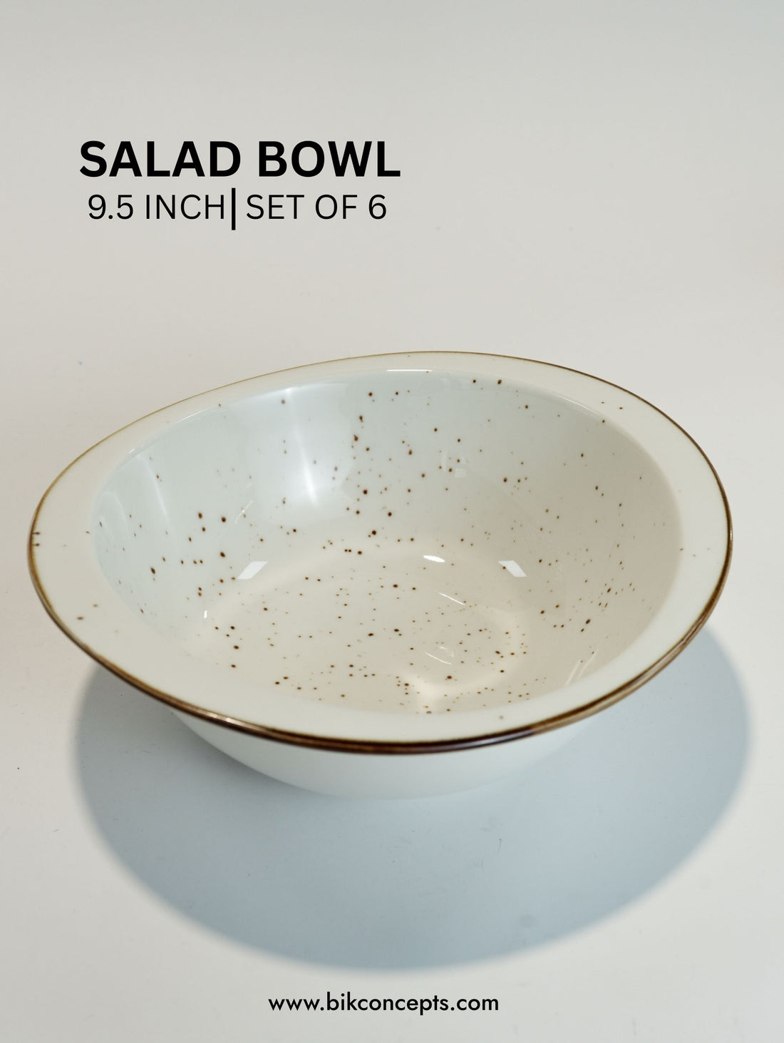 Deep 9.5 Inch Speckled White Salad Bowl Set of 6, Large Ceramic Pasta and Soup Bowls, Speckled White Stoneware Serving Dishes with Brown Rim, Dishwasher and Microwave Safe Deep Salad Bowls, Commercial Grade Buffet Catering Bowls, BIK Concepts Round Serving Bowls