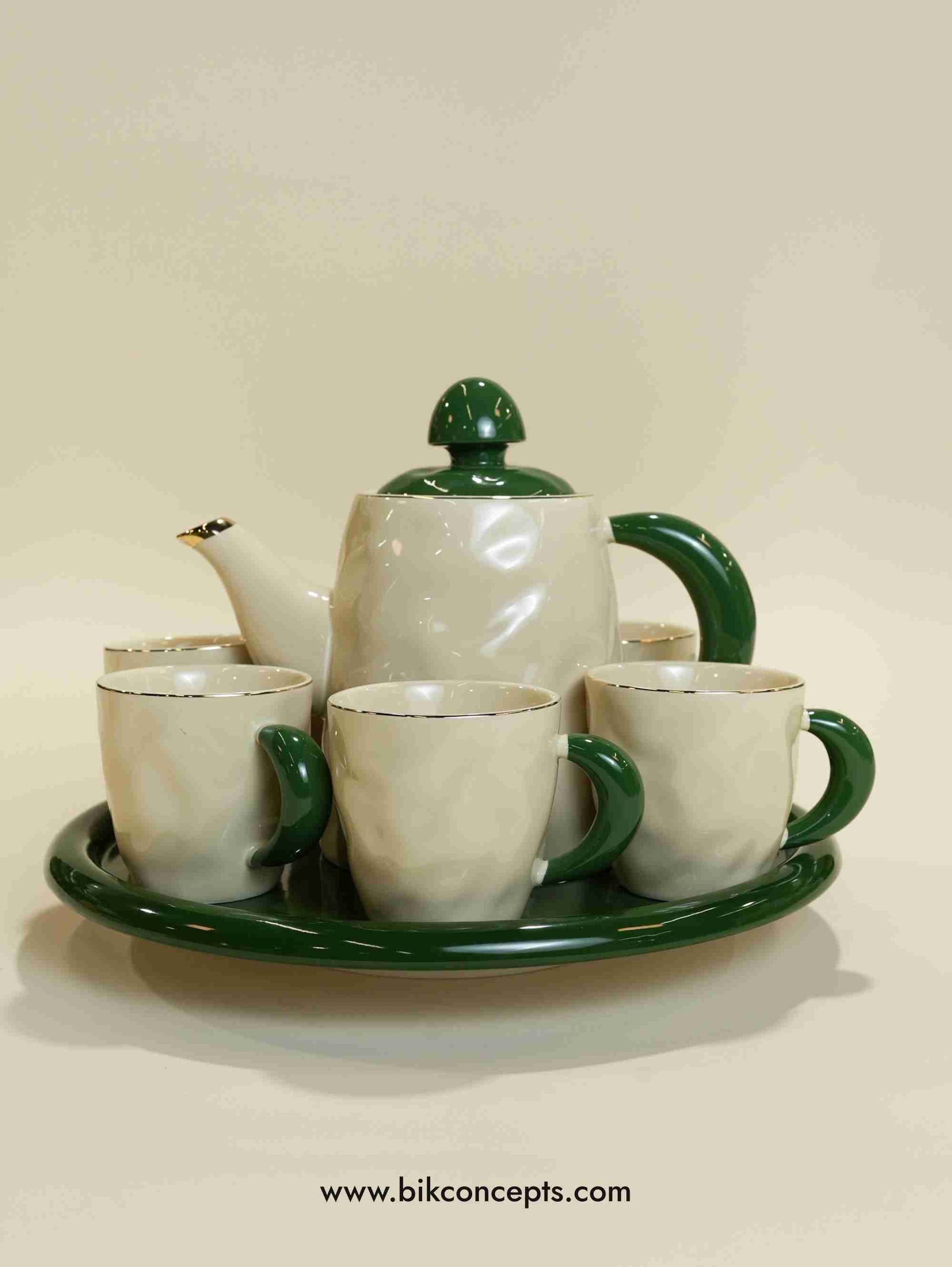 Emerald green tea set, porcelain tea set with tray, cream and green teapot, 8 piece tea service, luxury tea set for 6, 1.5L porcelain kettle, emerald green dinnerware, festive tea server.