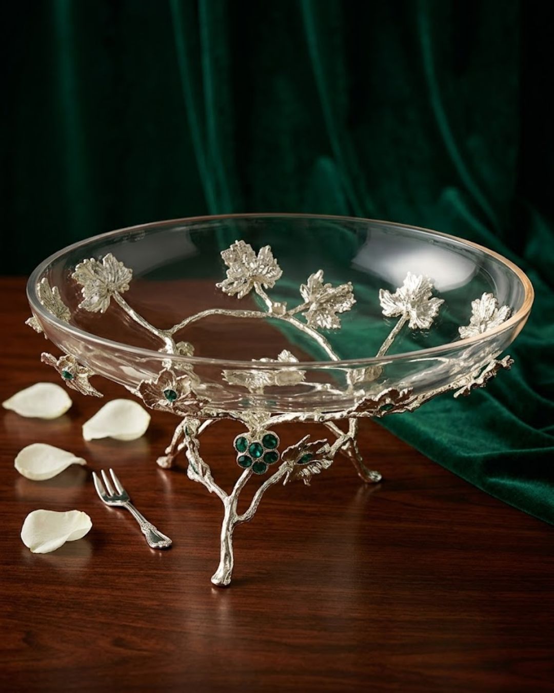 luxury emerald glass serving dish, clear glass platter silver leaf stand, jewel accented crystal dessert tray, emerald green stone decorative bowl, bik concepts emerald collection, premium silver vine glass centerpiece, elegant jewel toned party platter, high end glass fruit bowl centerpiece, luxury host housewarming gift dish, sophisticated 12 inch glass serveware, regal silver and green display bowl, clear glass bowl with artistic pedestal, heirloom quality holiday serving platter