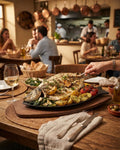 Fish Shaped Cast Iron Sizzling Platter 13.5 Inch, Cast Iron Steak Plate with Wooden Base, Seafood Sizzler Plate Black Metal, Commercial Restaurant Sizzling Platter Set, Hotel Catering Hot Serving Platter, Heavy Duty Cast Iron Fajita Plate, Dark Wood Base Sizzler Tray, Rustic Cast Iron Fish Serving Dish
