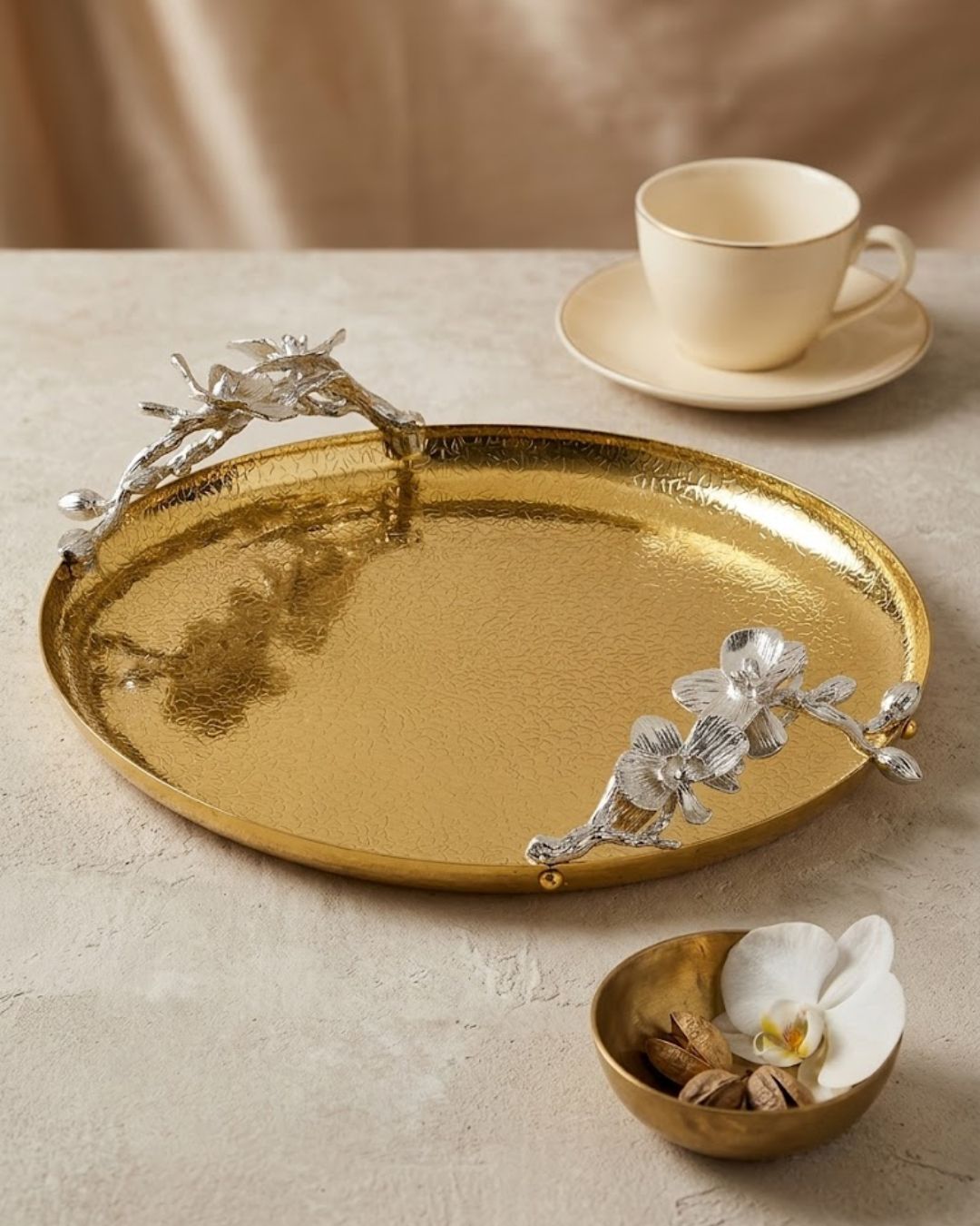 gold and silver floral serving platter, luxury metal fruit bowl centerpiece, two tone metal serving dish, premium gold textured fruit platter, silver orchid gold serving tray, luxury floral accent serving dish, elegant 12 inch metal platter, luxury mandi serving platter, elegant rice serving dish gold, premium arabian style fruit platter, luxury dining table centerpiece bowl, decorative gold metal dish for living room, premium housewarming gift serving tray, gold serving tray with silver floral branch acce