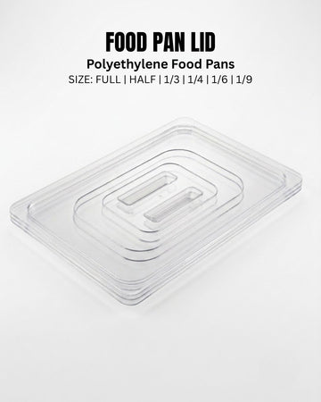 A clear, transparent polyethylene food pan lid on a white background, with black text at the top reading 'FOOD PAN LID' and 'Polyethylene Food Pans' plus size options.