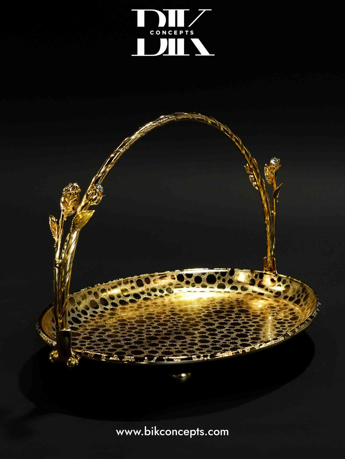 Full gold rose tray, gold basket tray, luxury decorative server, gold rose handle tray, gold oval snack dish, crystal accented centerpiece, designer wedding tray, stainless steel fruit basket.