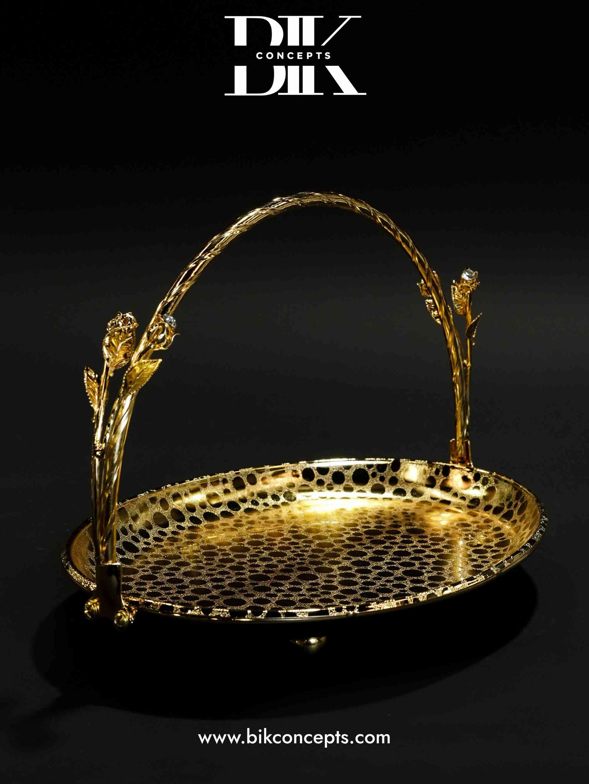 Full gold rose tray, gold basket tray, luxury decorative server, gold rose handle tray, gold oval snack dish, crystal accented centerpiece, designer wedding tray, stainless steel fruit basket.