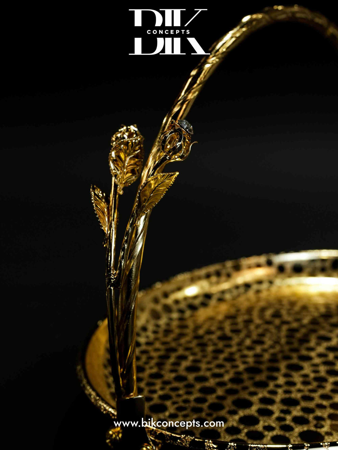 Full gold rose tray, gold basket tray, luxury decorative server, gold rose handle tray, gold oval snack dish, crystal accented centerpiece, designer wedding tray, stainless steel fruit basket.