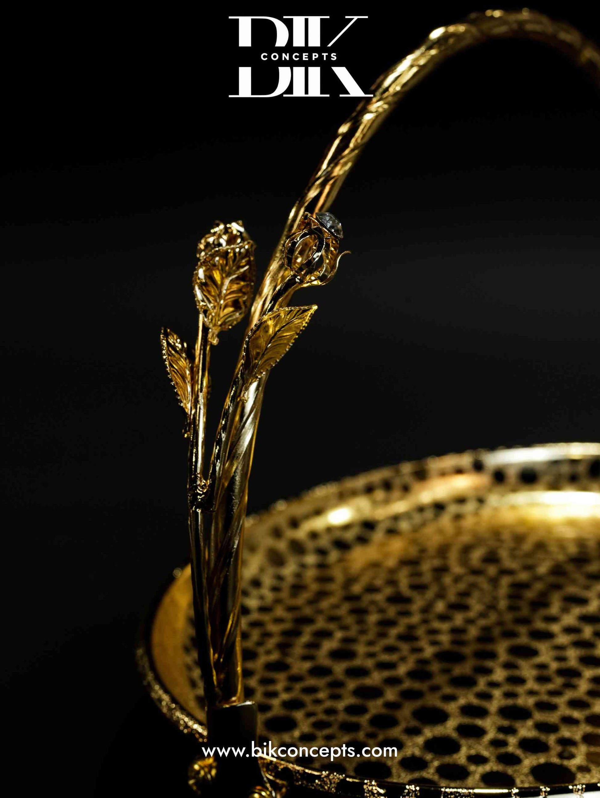 Full gold rose tray, gold basket tray, luxury decorative server, gold rose handle tray, gold oval snack dish, crystal accented centerpiece, designer wedding tray, stainless steel fruit basket.