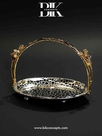 Gilded rose tray, silver basket tray, luxury decorative server, gold rose handle tray, silver oval snack dish, crystal accented centerpiece, designer wedding tray, stainless steel fruit basket