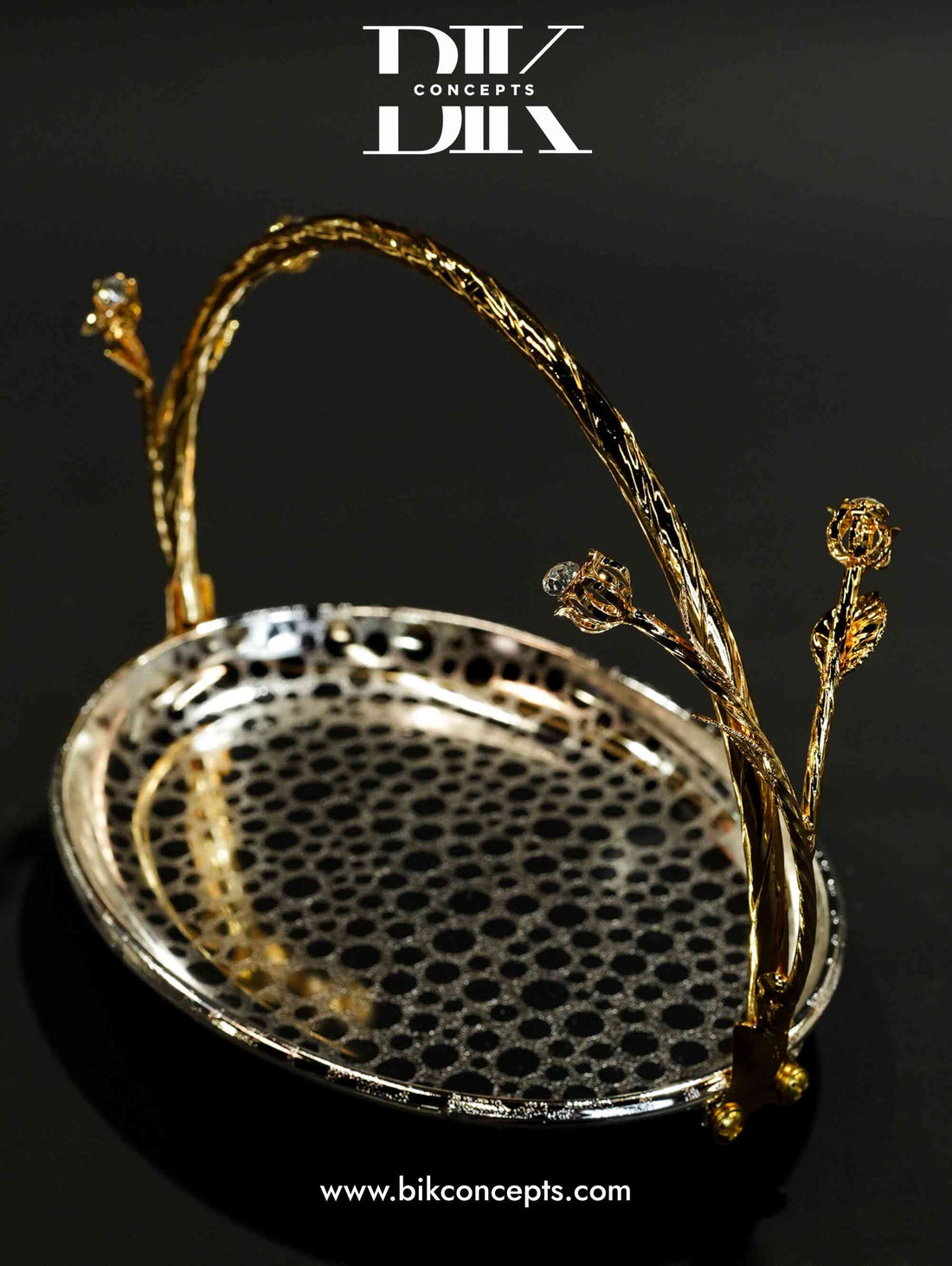 Gilded rose tray, silver basket tray, luxury decorative server, gold rose handle tray, silver oval snack dish, crystal accented centerpiece, designer wedding tray, stainless steel fruit basket