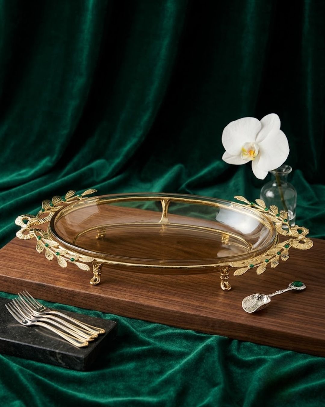 luxury glass serving dish with gold laurel, emerald collection gold glass platter, jewel accented gold leaf centerpiece bowl, emerald green stone decorative glass dish, bik concepts gold emerald serveware, premium gold vine clear glass centerpiece, elegant jewel toned party serving platter, high end glass fruit bowl gold stand, luxury hostess wedding gift serving dish, sophisticated gold leaf glass serveware, regal gold and green stone display bowl, clear glass bowl with gold laurel pedestal