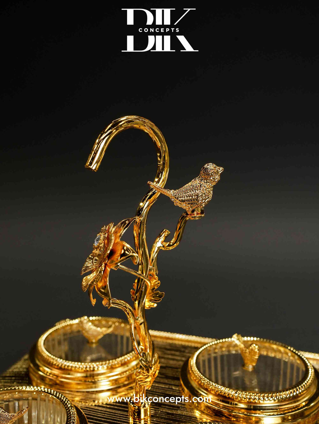 Gold bird snack tray, quad canister server, luxury dry fruit tray, 4 section nut bowl set, golden bird centerpiece