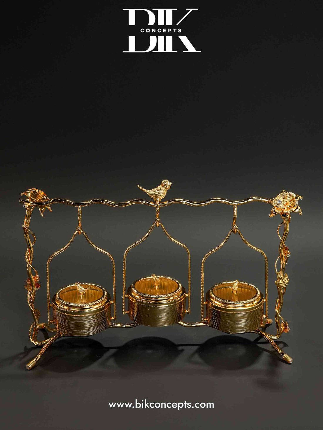Gold bird canister, triple swing snack server, luxury dry fruit stand, hanging candy dish, 3 tier nut server, golden bird centerpiece
