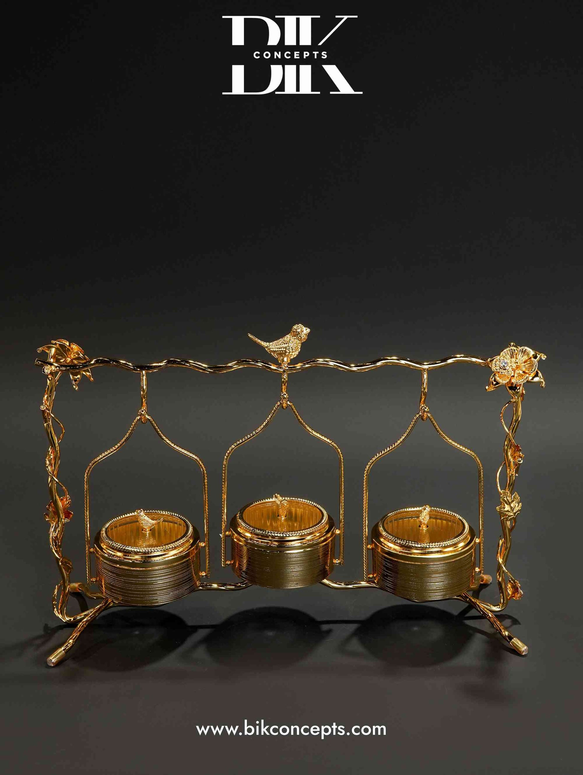 Gold bird canister, triple swing snack server, luxury dry fruit stand, hanging candy dish, 3 tier nut server, golden bird centerpiece